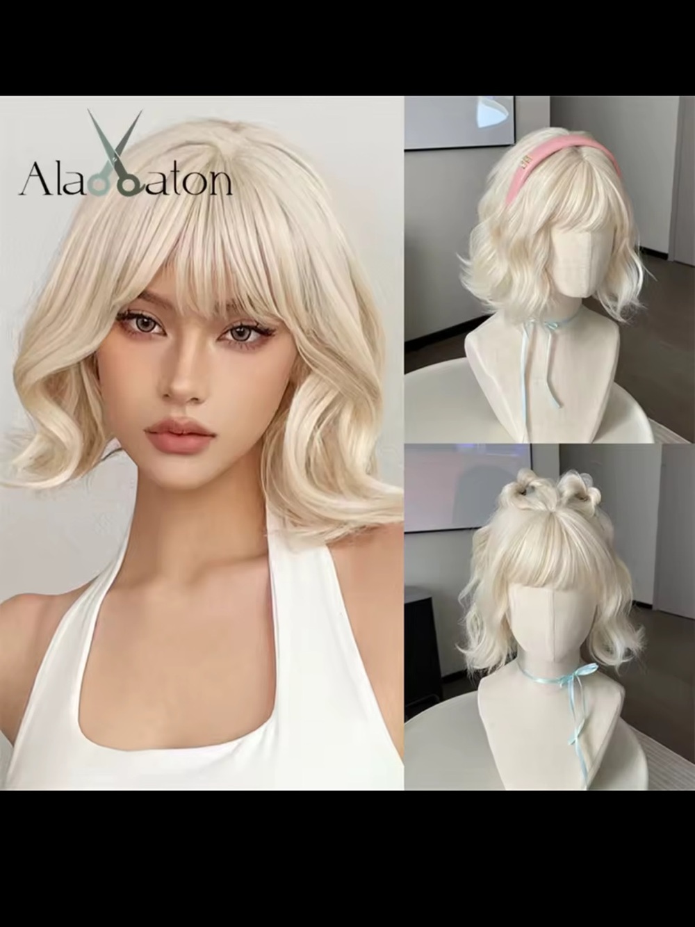 Platinum Blonde Short Wavy Wig with Bangs
